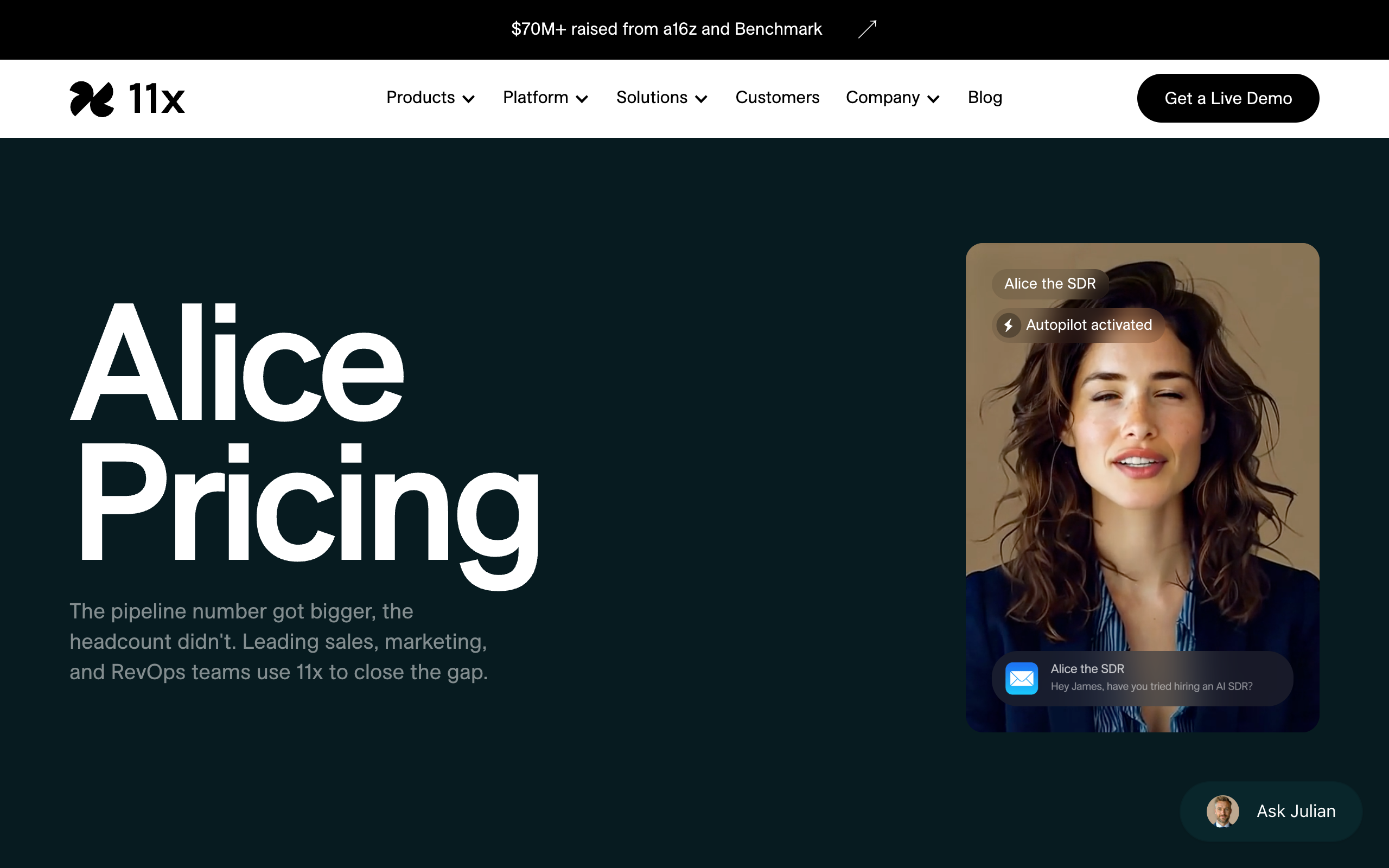 11x Alice pricing page showing the Growth plan at $3,750 per month for 2,000 contacts on an annual term, with Pro and Enterprise as custom