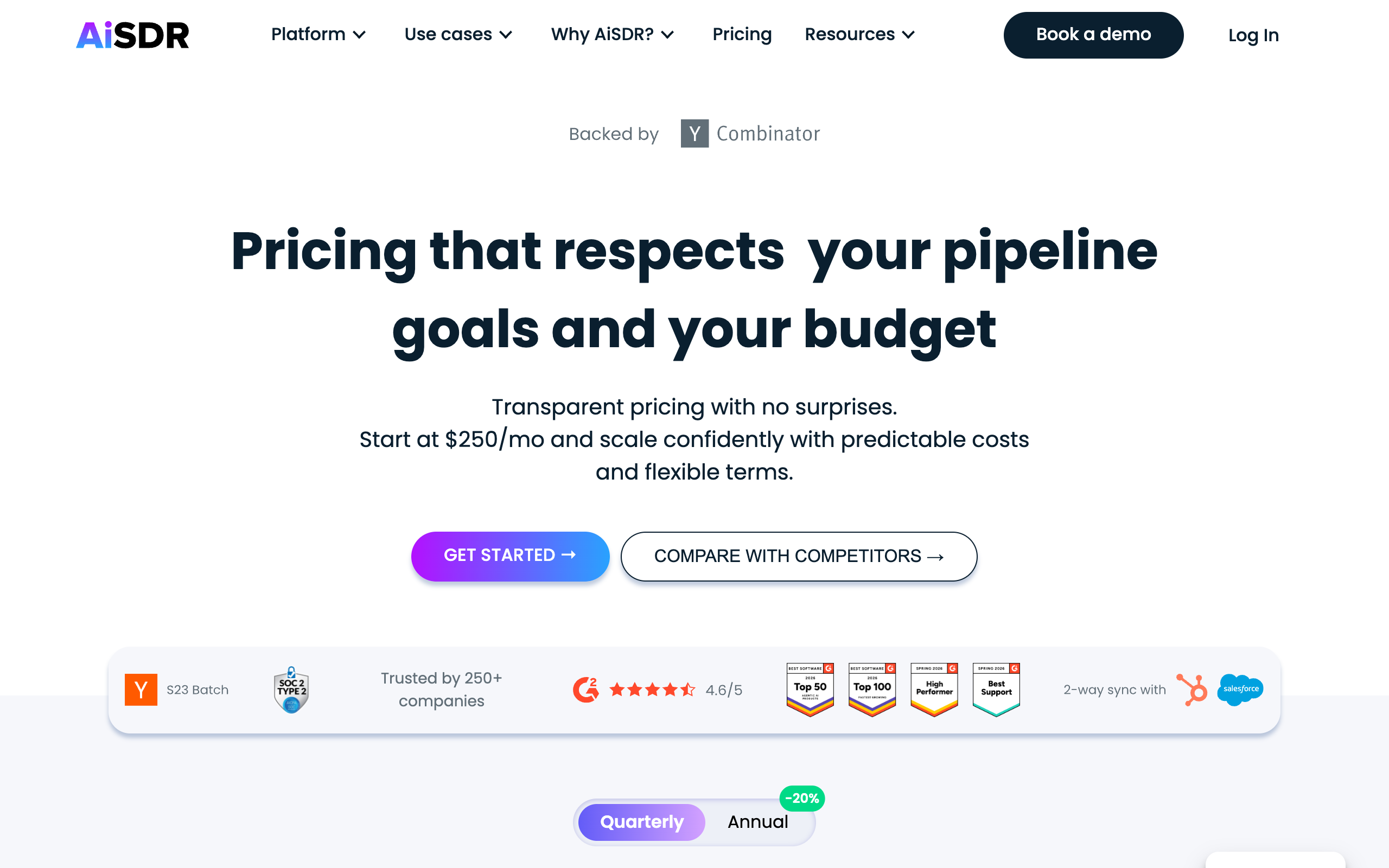 AiSDR pricing page showing Solo $250, Explore $900, and Scale $2,500 per month with 200, 800, and 2,500 AI-researched contacts