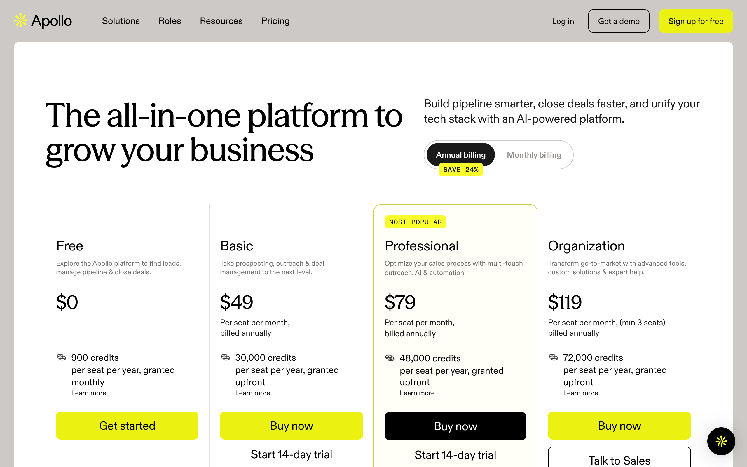 Apollo.io pricing page showing Free, Basic $49, Professional $79, and Organization $119 per seat per month on annual billing, with 900 to 72,000 credits per seat per year