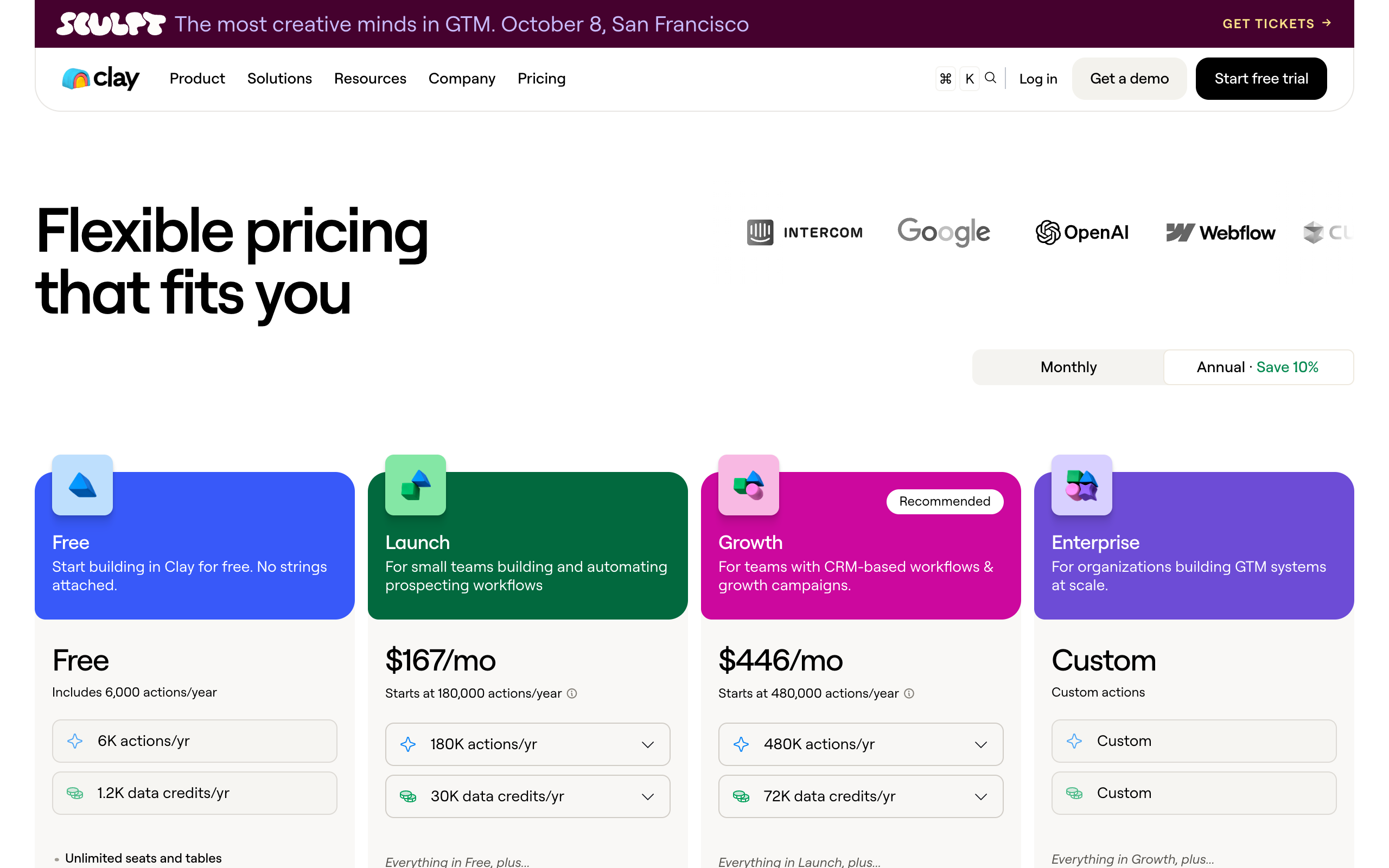 Clay pricing page showing Free, Launch, Growth, and Enterprise plans with monthly actions and data credits per plan