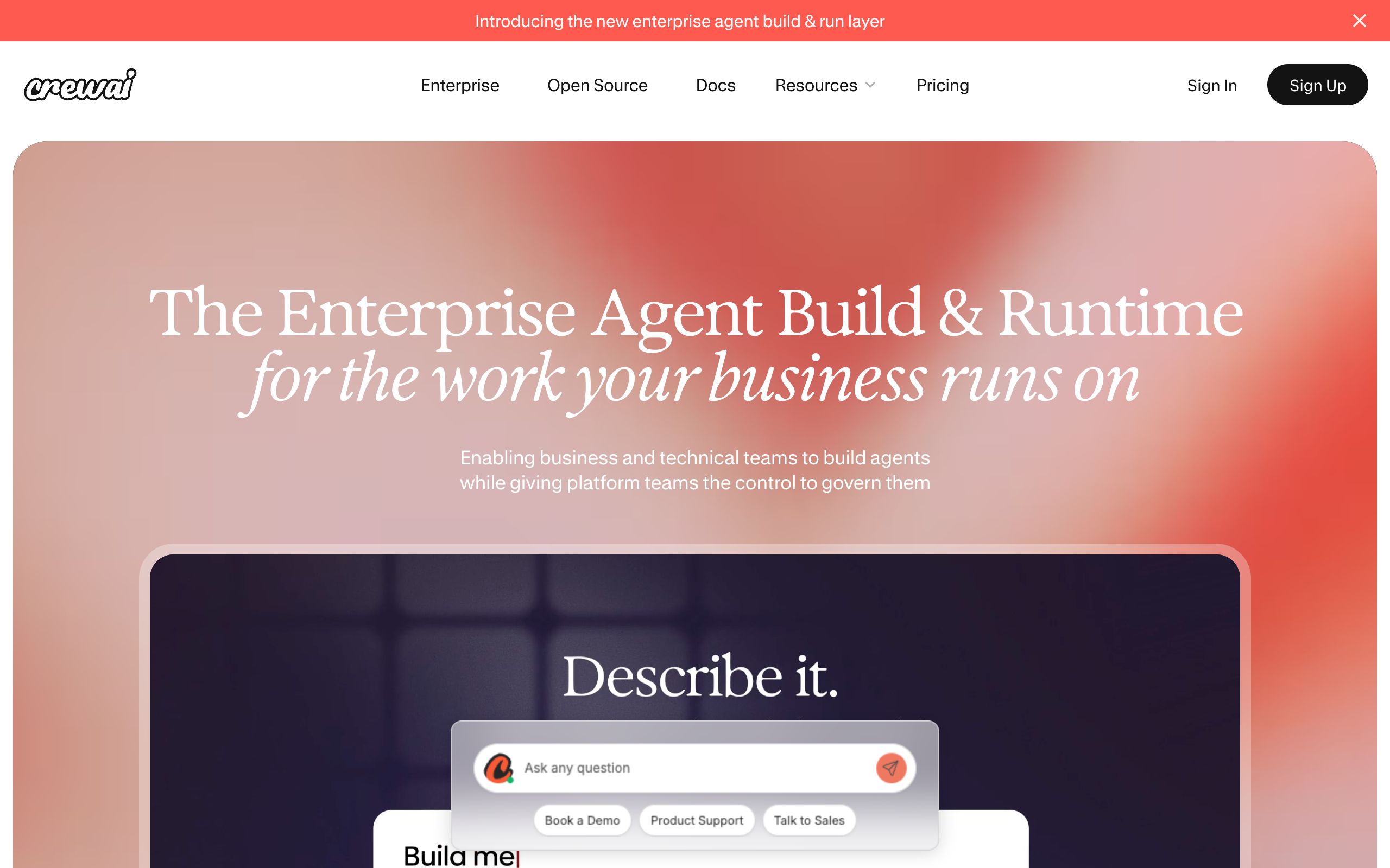 CrewAI homepage headlined The Enterprise Agent Build and Runtime for the work your business runs on