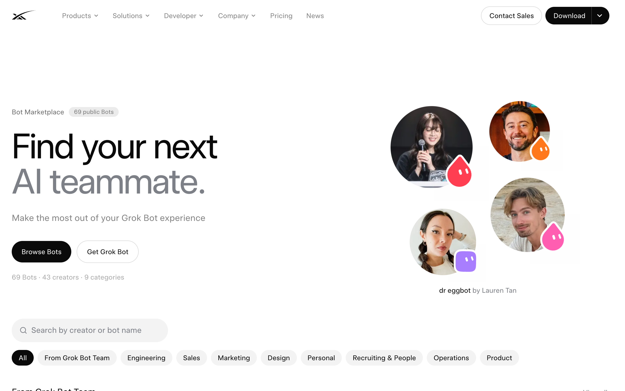xAI's Bot Marketplace page showing 69 public Bots, 43 creators, 9 categories, and category filters from Engineering to Product