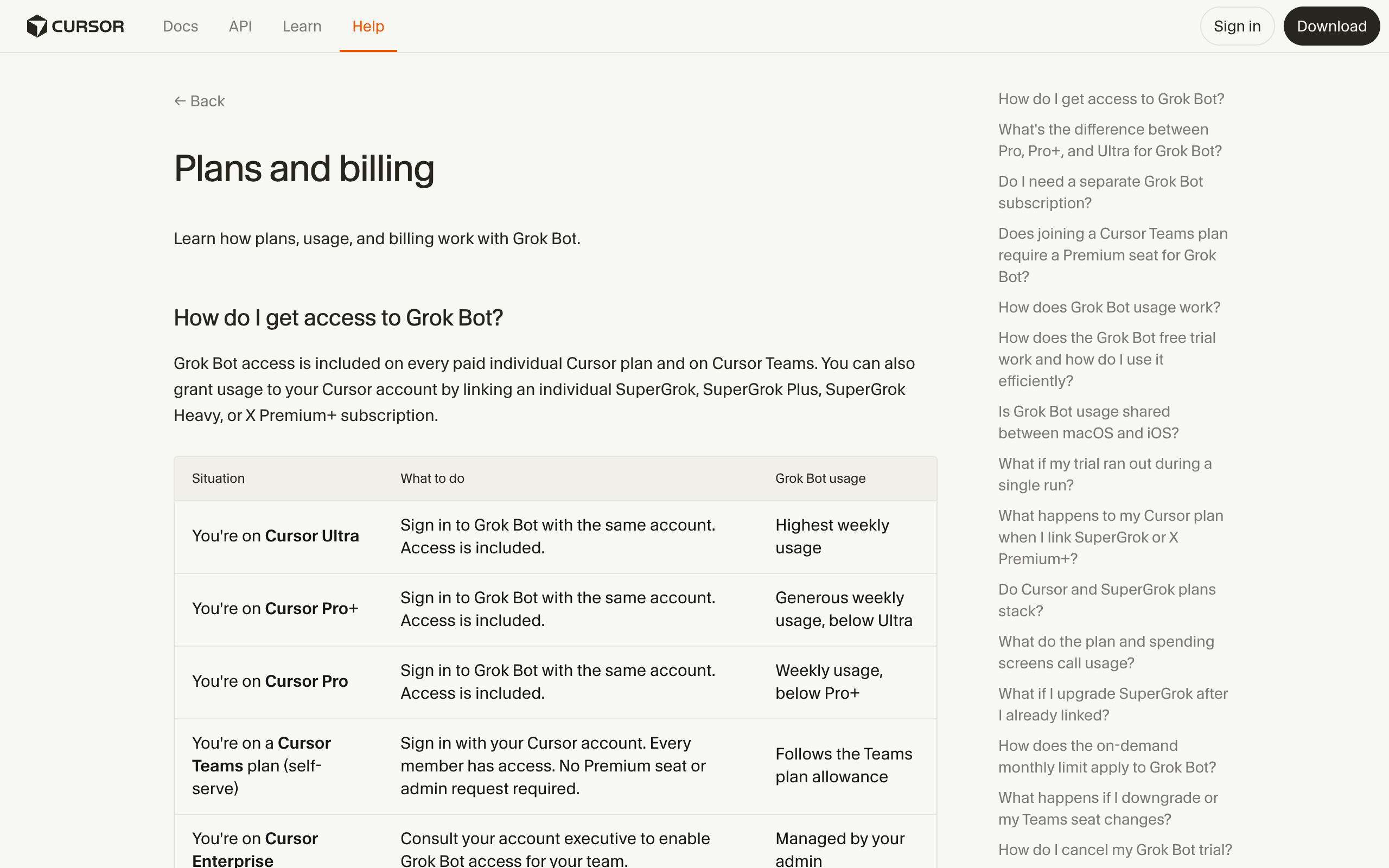 Cursor help center page titled Plans and billing, with a table of Cursor plans and the Grok Bot usage each one includes