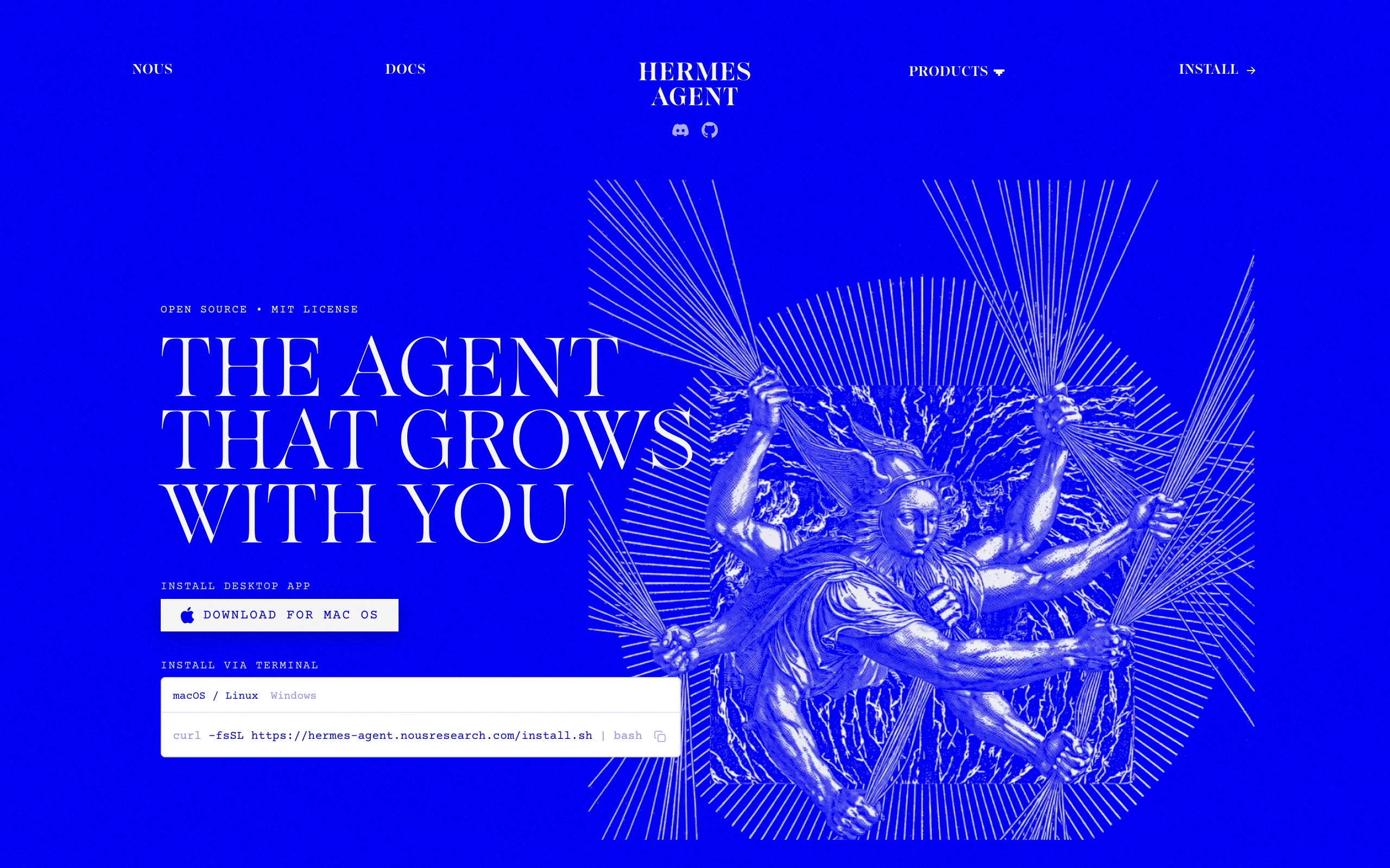 Hermes Agent by Nous Research homepage, the open-source self-improving agent runtime