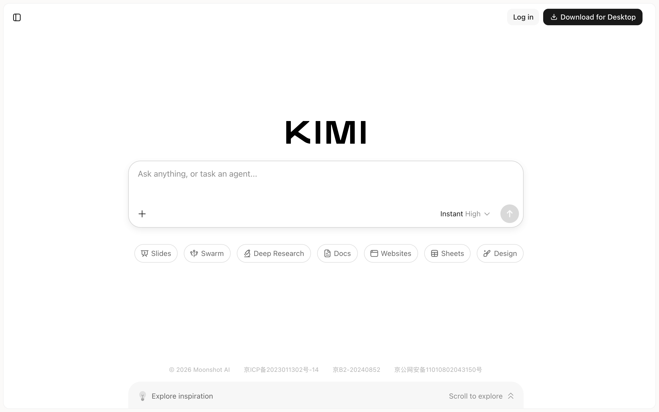 Kimi web app with Kimi Claw listed in the sidebar next to Kimi Work and Kimi Code