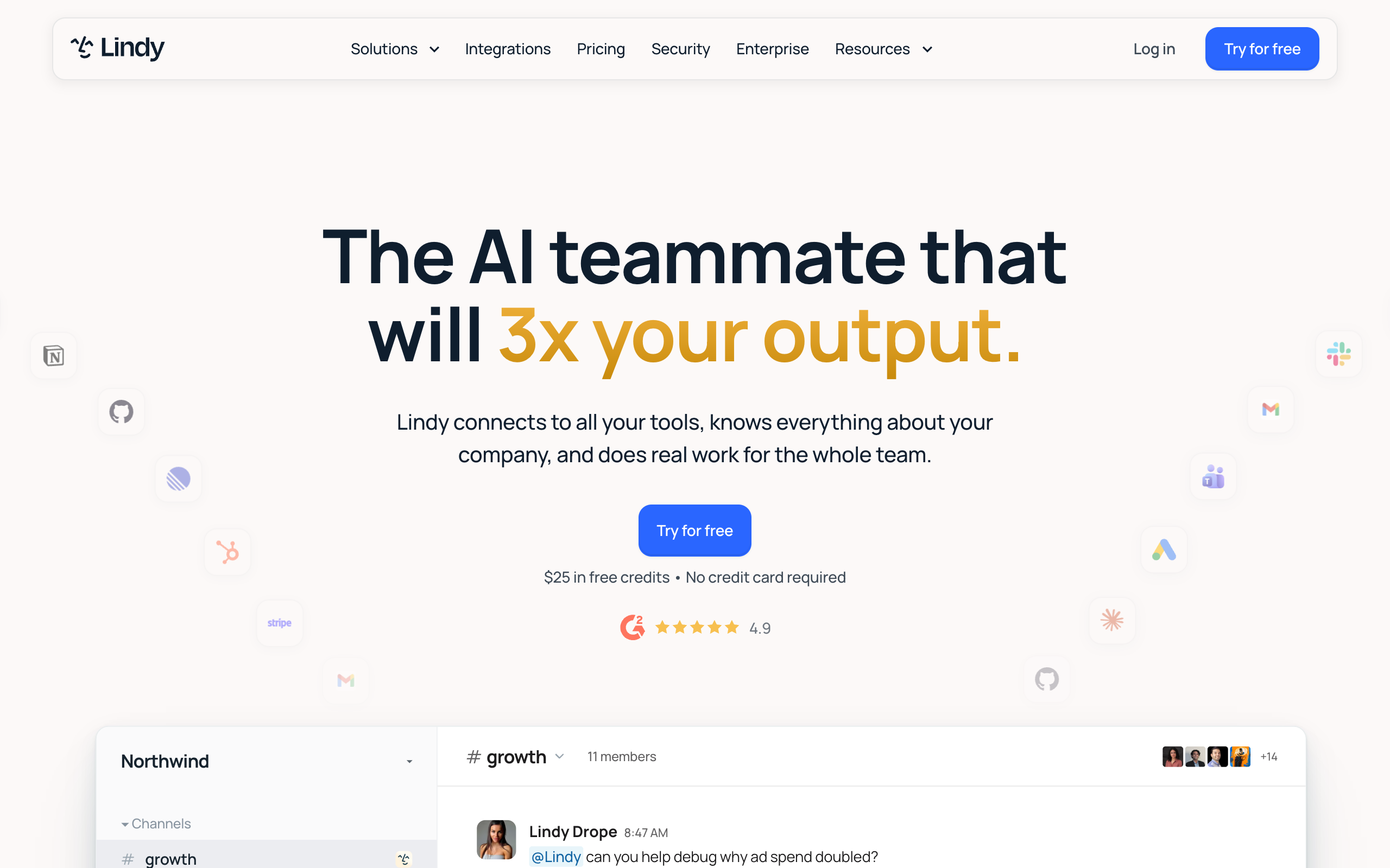 Lindy homepage headlined The AI teammate that will 3x your output, with Try for free and $25 in free credits