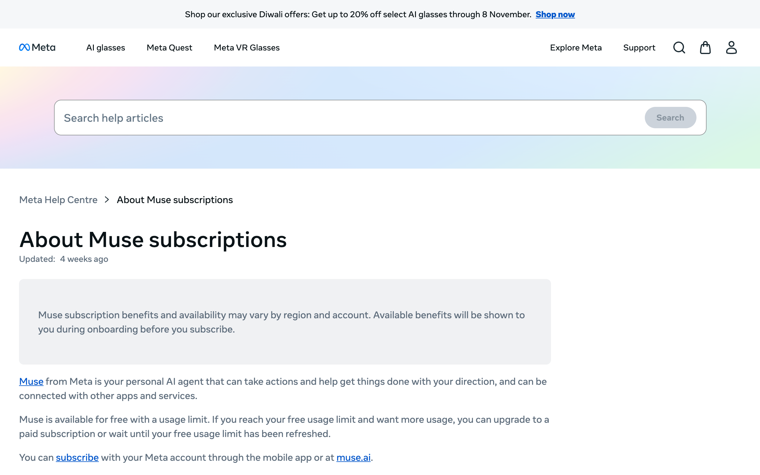 Meta help center article titled About Muse subscriptions, describing the free usage limit and paid plans