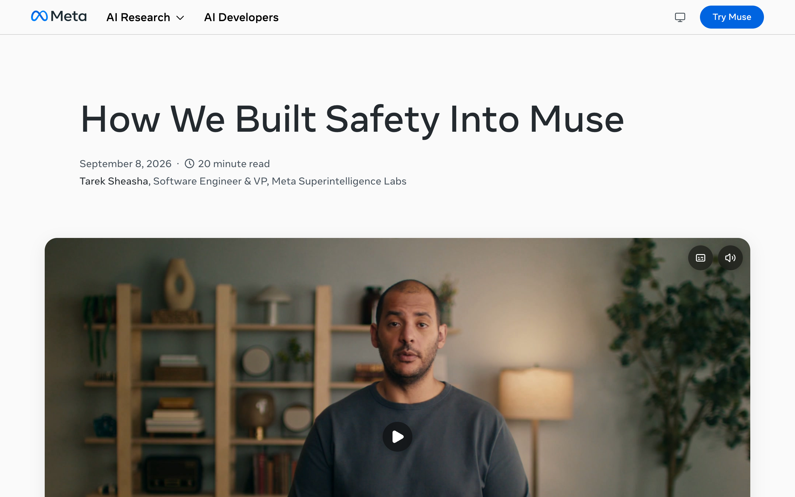 Meta AI Research post titled How We Built Safety Into Muse, dated September 8, 2026, by Tarek Sheasha