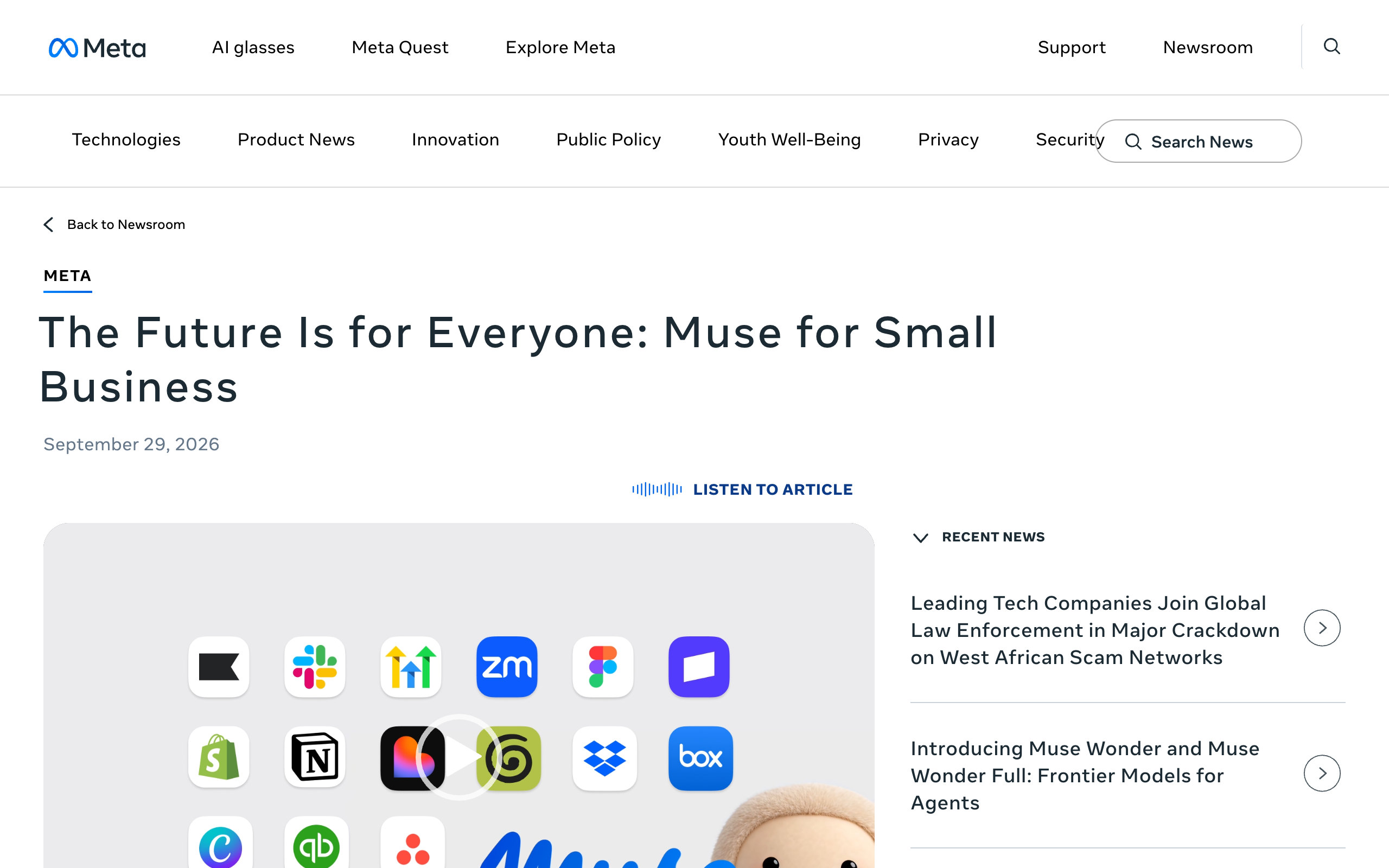 Meta newsroom post titled The Future Is for Everyone: Muse for Small Business, dated September 29, 2026, showing connector icons