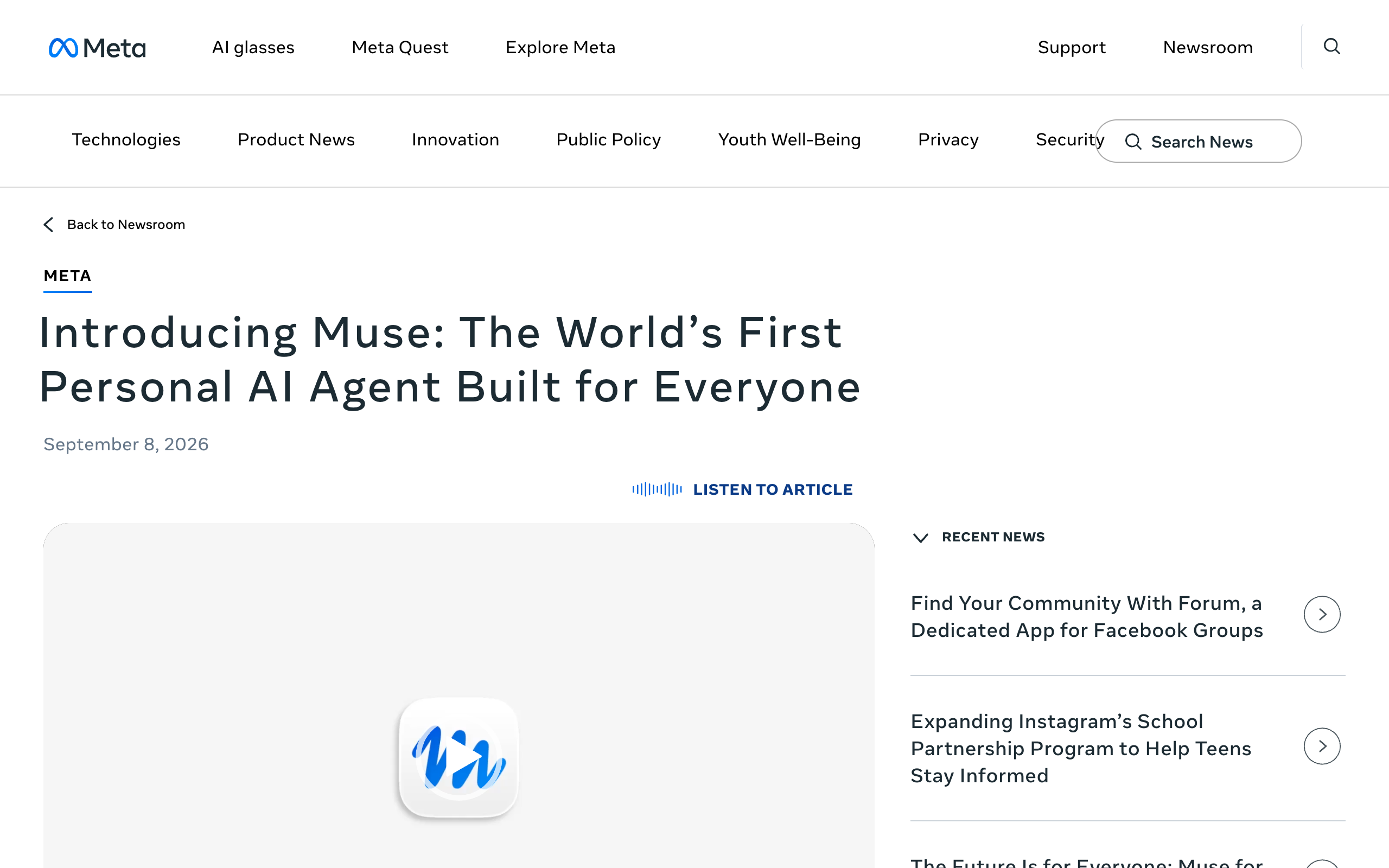 Meta newsroom post dated September 8, 2026, titled Introducing Muse: The World's First Personal AI Agent Built for Everyone, with the Muse app icon