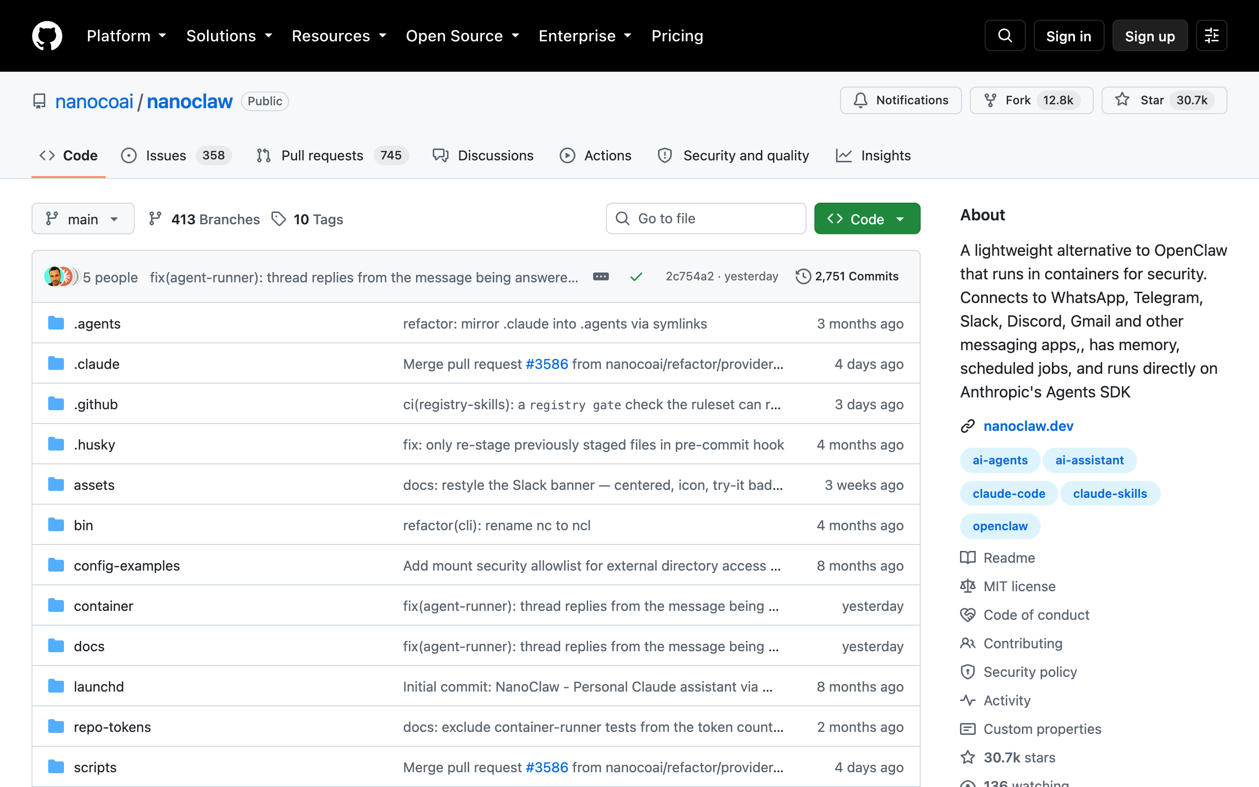 NanoClaw GitHub repository page for the container-isolated OpenClaw alternative