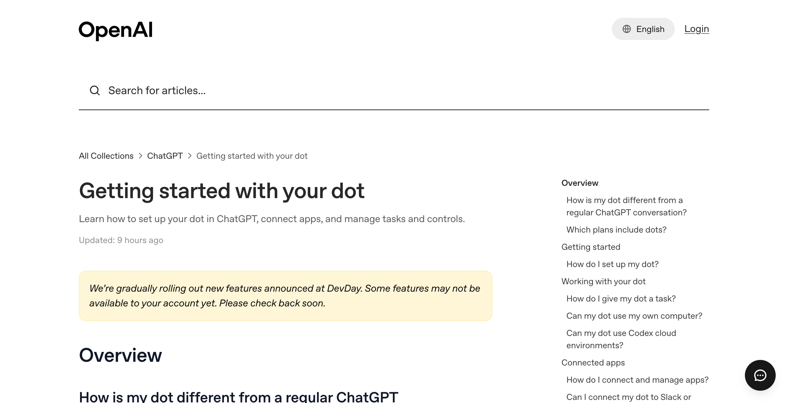OpenAI help center article titled Getting started with your dot, with a side menu listing setup, giving your dot a task, using your own computer, Codex cloud environments, and connected apps