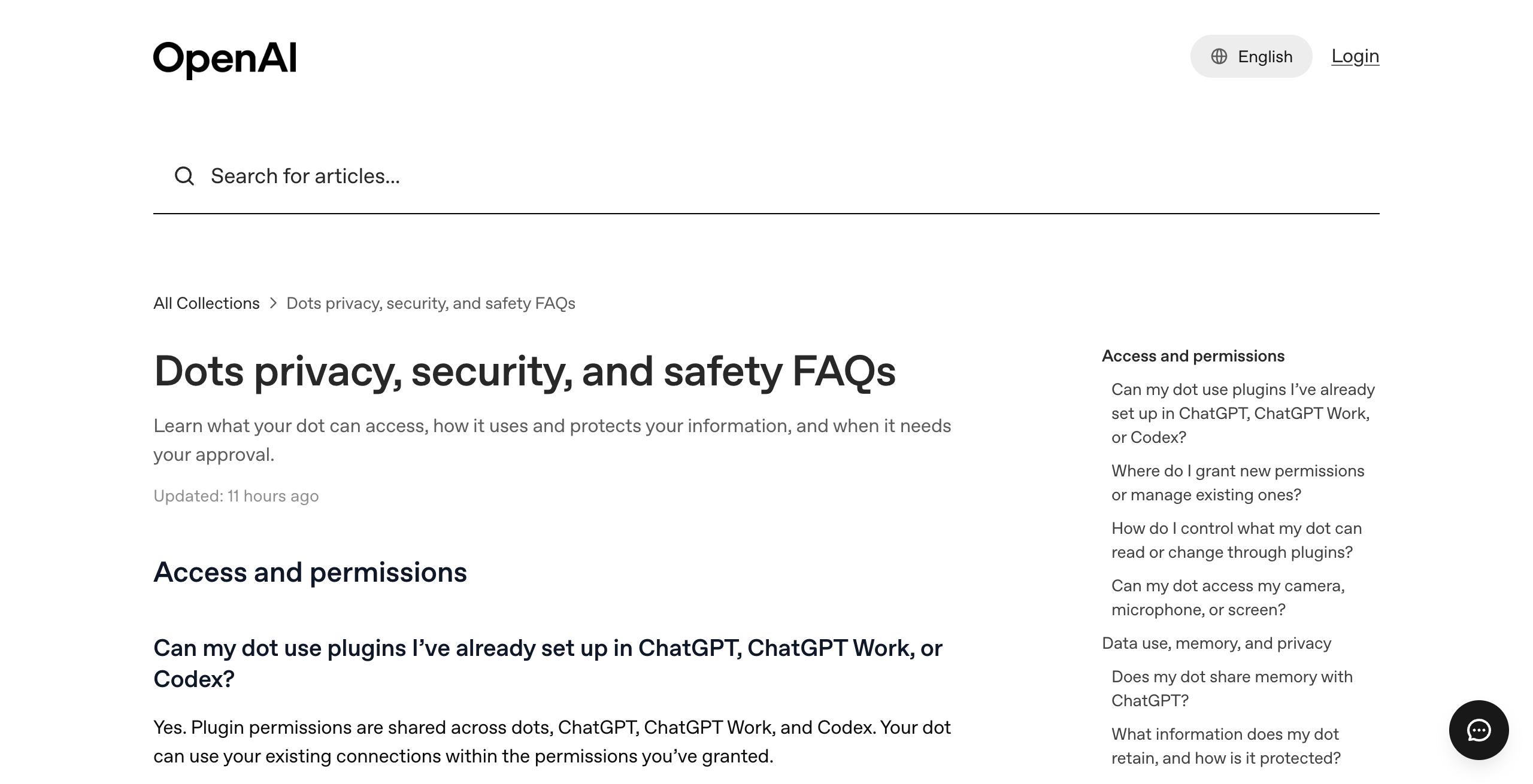 OpenAI help center article titled Dots privacy, security, and safety FAQs, open at the Access and permissions section, which says plugin permissions are shared across dots, ChatGPT, ChatGPT Work, and Codex