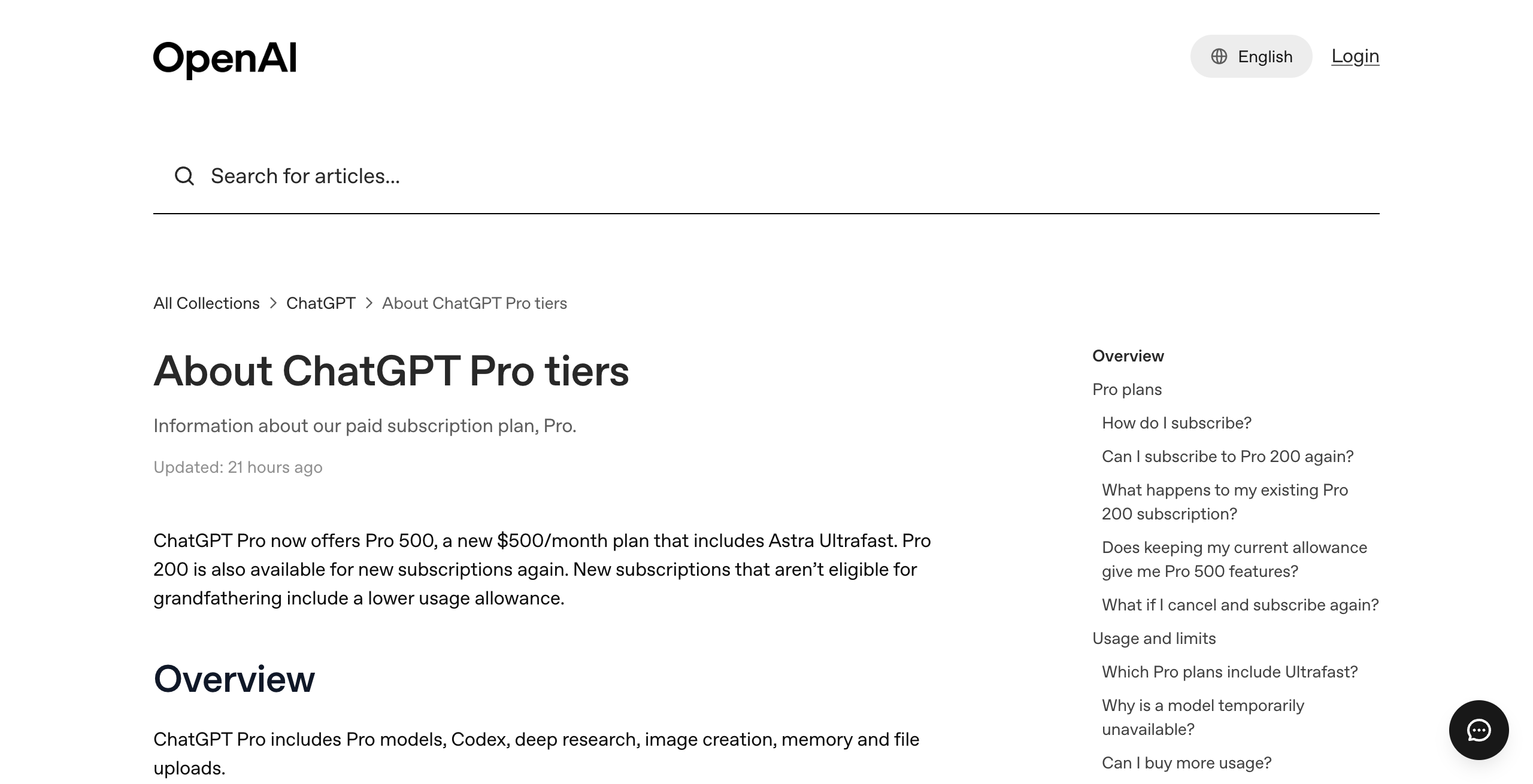 OpenAI Help Center article titled About ChatGPT Pro tiers, saying Pro 500 is a new $500 a month plan with Astra Ultrafast and that new Pro 200 subscriptions include a lower usage allowance
