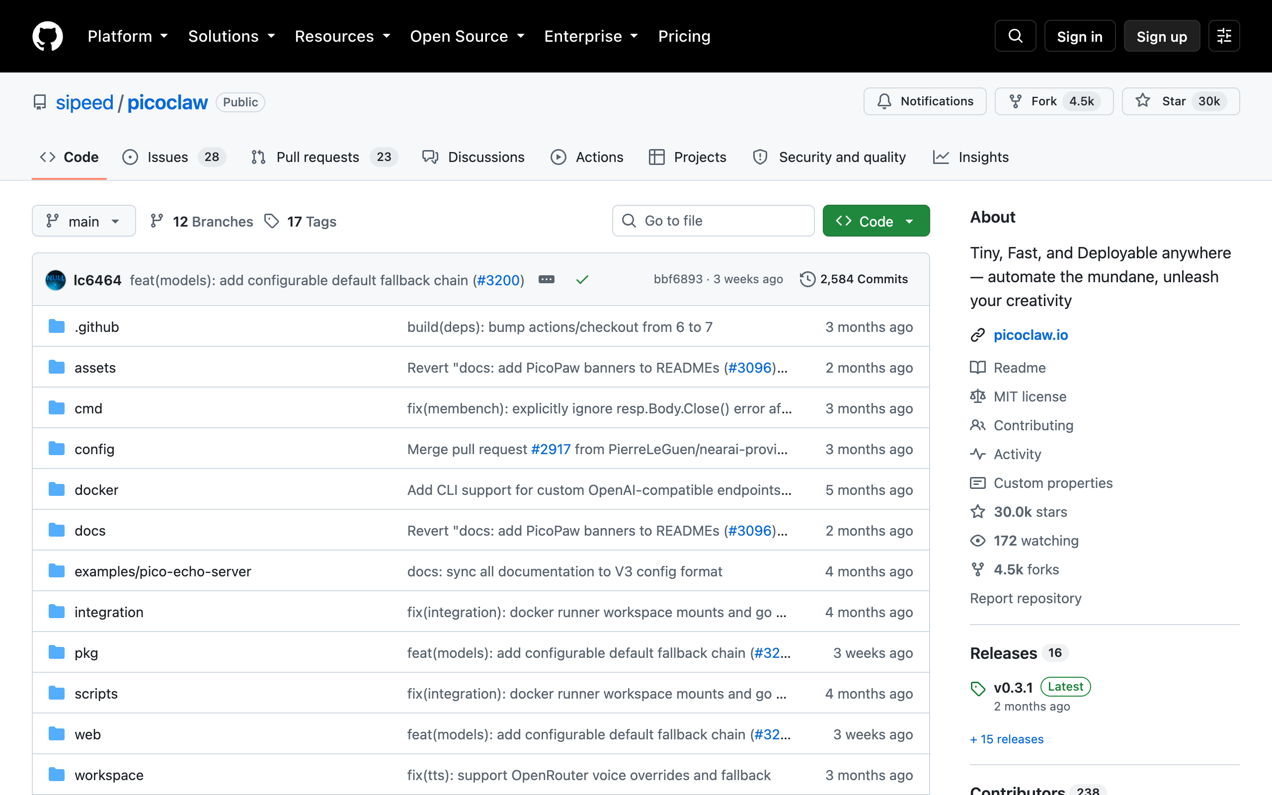 PicoClaw GitHub repository page for the tiny Go agent runtime