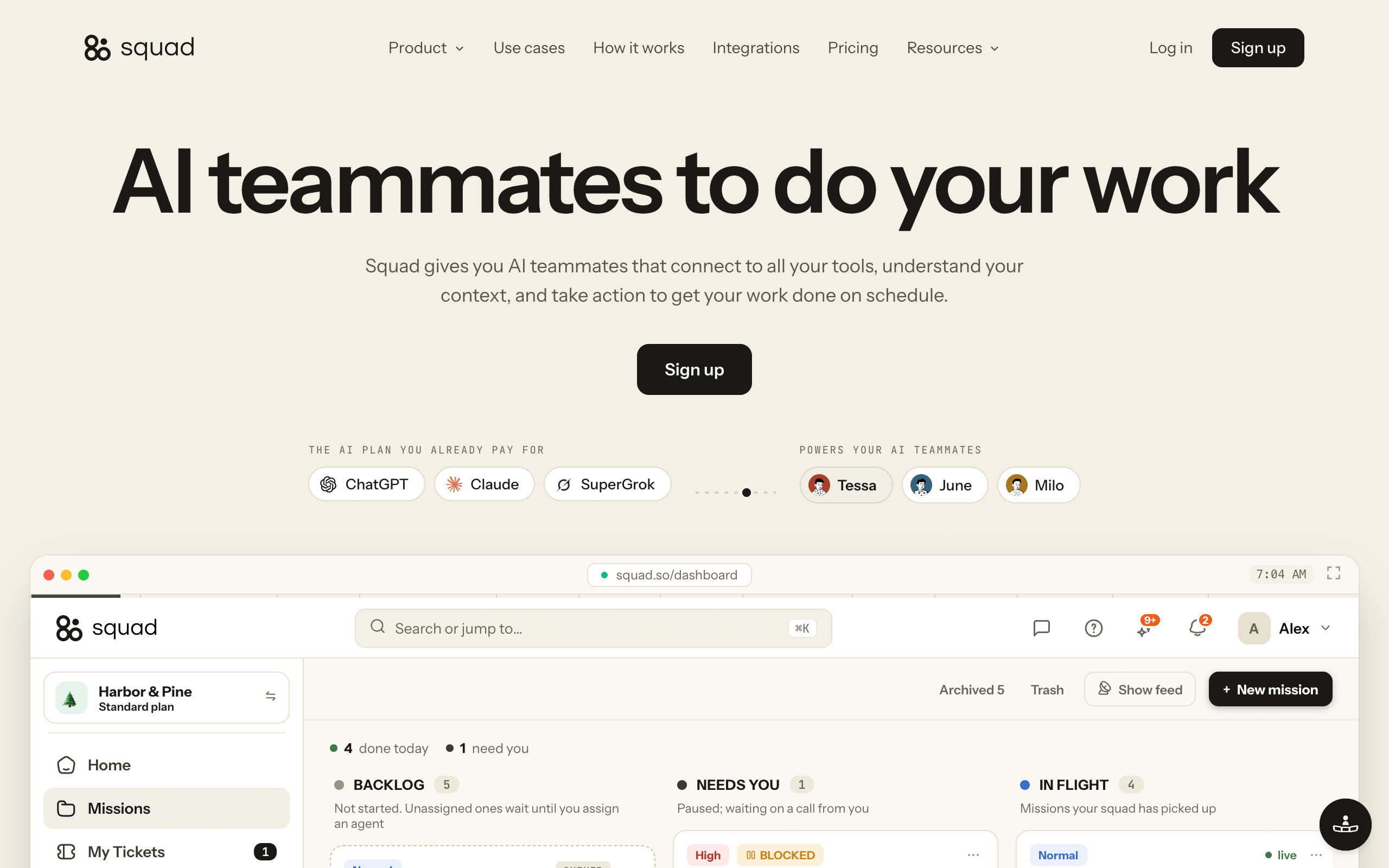 Squad homepage with the headline AI teammates to do your work, ChatGPT, Claude, and SuperGrok listed as AI plans, and a dashboard showing a missions board with Backlog, Needs you, and In flight columns