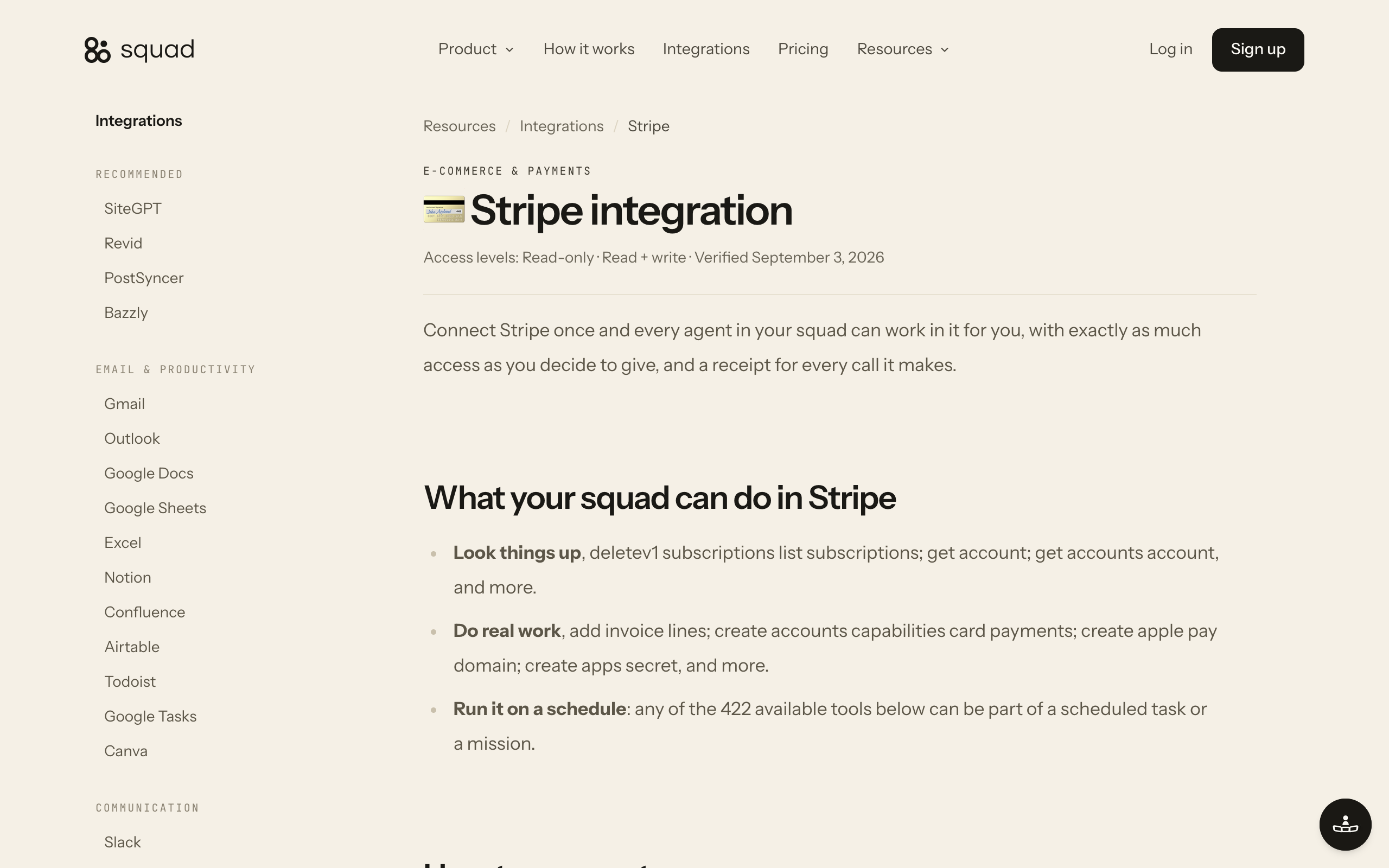 The Stripe integration manual on squad.so listing the two access levels, Read-only and Read + write, and the note that Read-only cannot charge or refund
