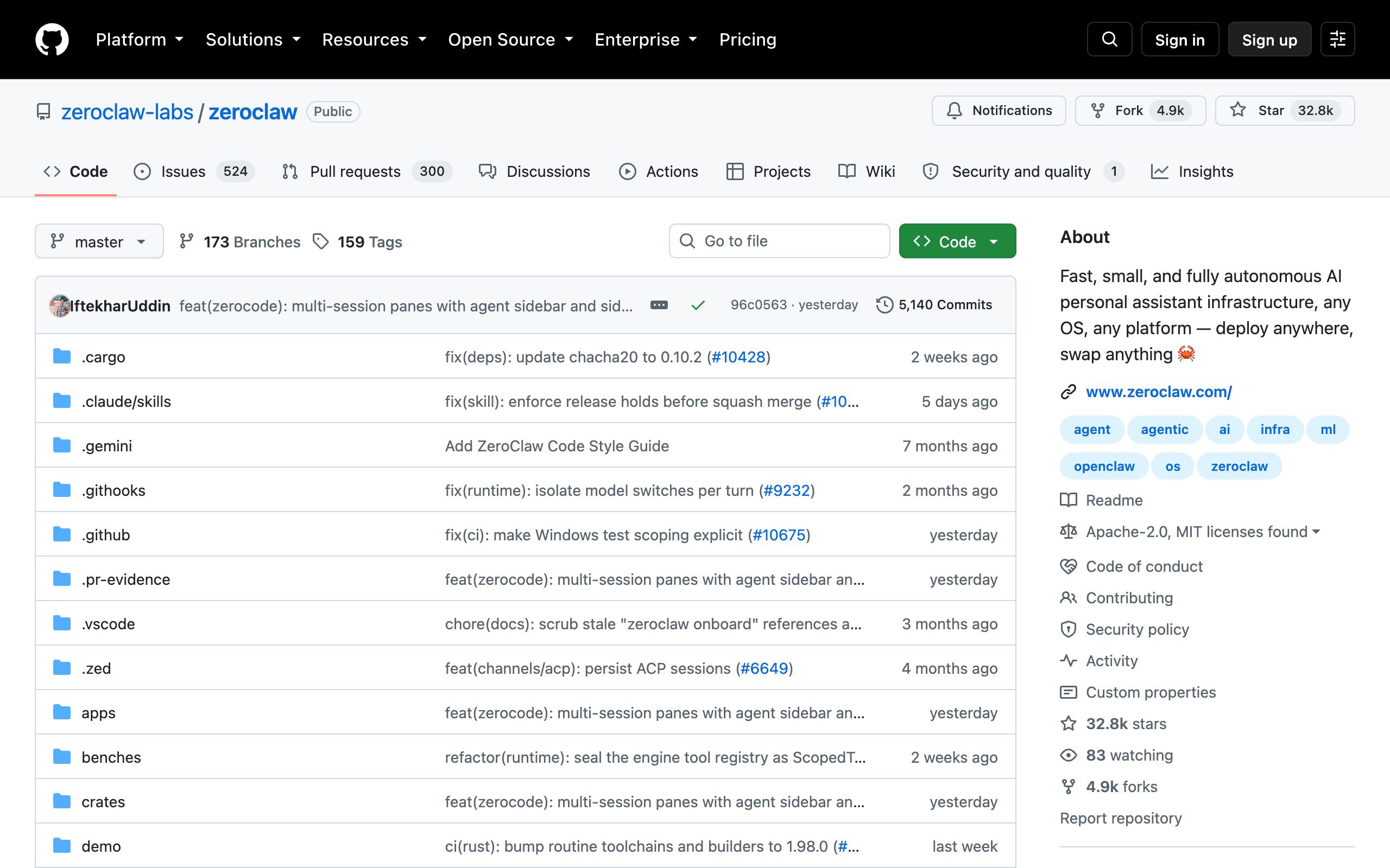 ZeroClaw GitHub repository page for the single-binary Rust agent runtime